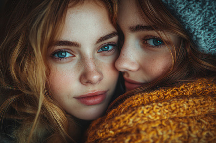 Two young women with vibrant blue ey, a Photo by Tanuart