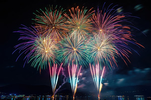 Vibrant Fireworks Display Over Lake, a Photo by Pixeness Studio