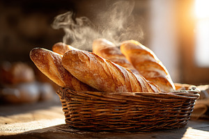 Baked golden baguettes stacked in a rustic basket during the warm morning light, a Photo by AlyaAnd