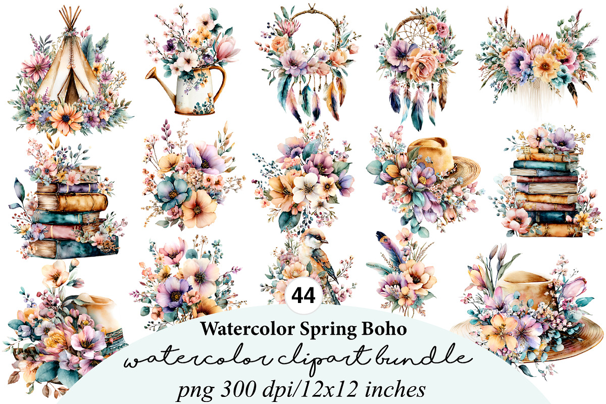 Watercolor Spring Boho Clipart, an Illustration by Digital Artistic99 (Photo 1 of 8)