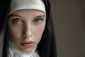 Young praying nun on grey background, a Person Photo by AlyaAnd