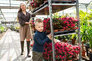 Mom and son push a cart with flowers