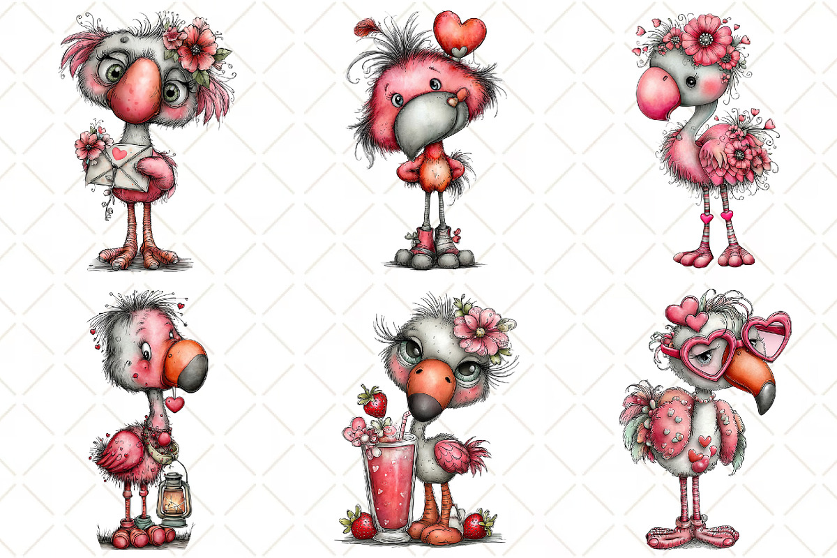 Whimsical Valentine Flamingo Clipart, an Illustration by Black Bird Studio (Photo 3 of 6)