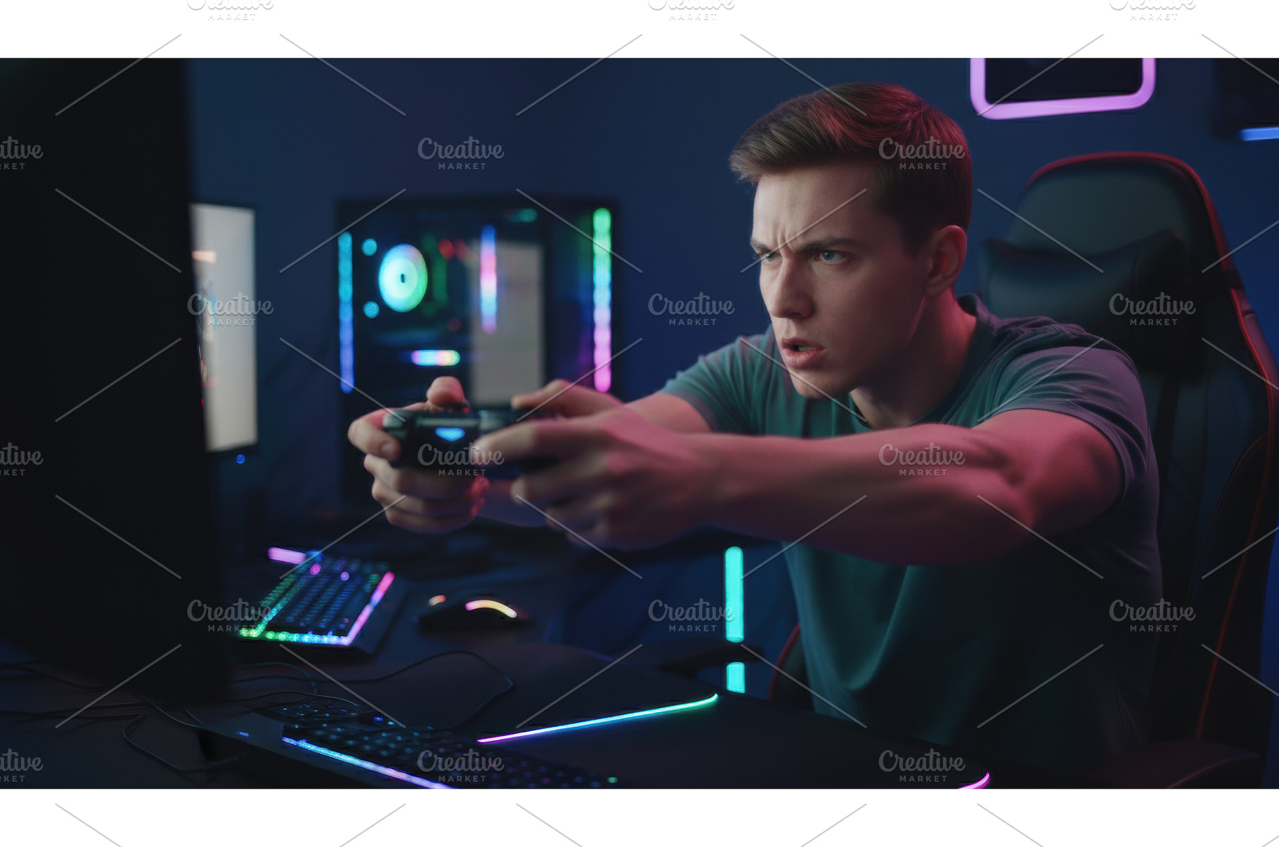 Focused gamer in neon room captures, a Technology Photo by Igor Tichonow
