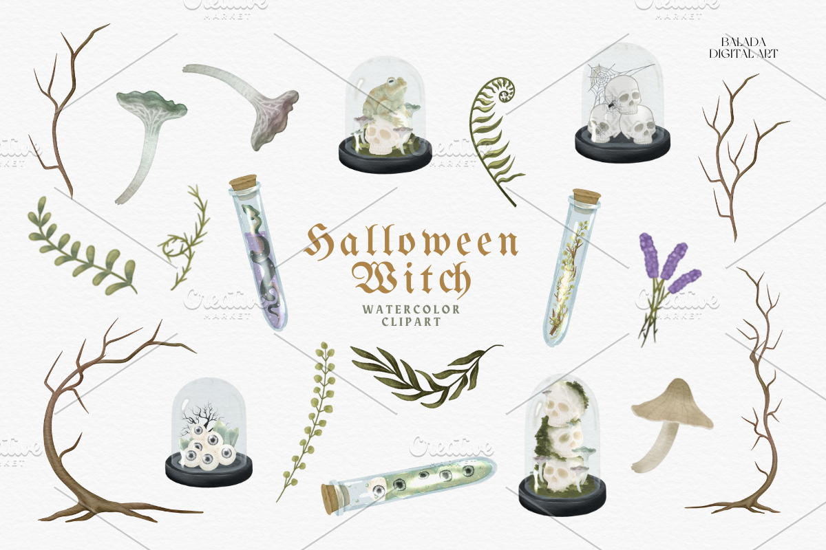 Watercolor Halloween Witch PNG, a Decorative Illustration by Balada Digital Art (Photo 3 of 9)