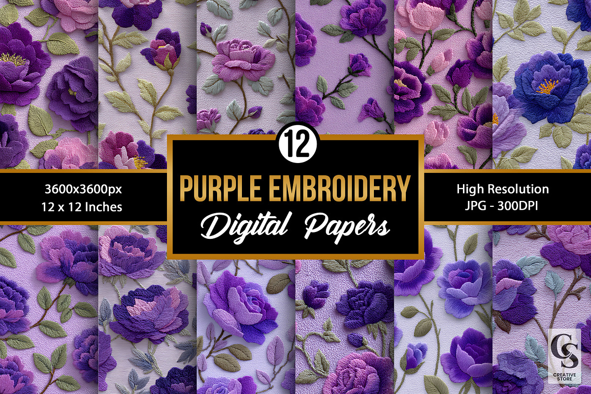 Purple Flowers Embroidery Background, a Pattern Graphic by Creative Store (Photo 1 of 5)