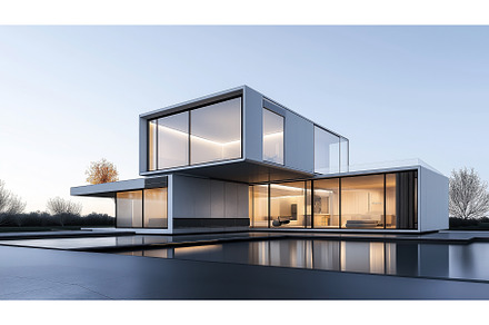 Modern minimalist house with large, an Abstract Photo by Sergey Kotenev