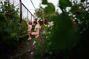 Children tending plants in a lush garden during a calm summer day, a Person Photo by AS photostudio