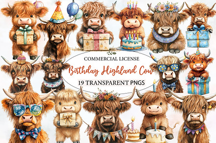 Birthday Highland Cow Clipart, an Illustration by Designworld