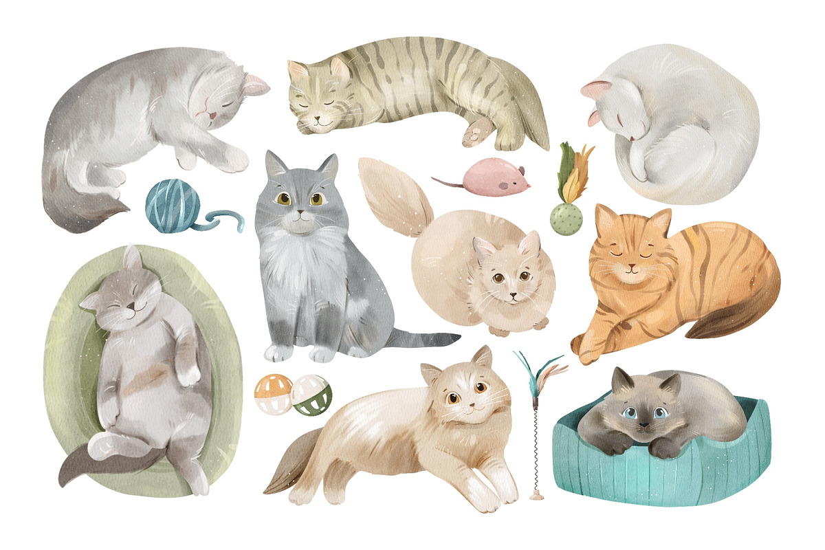 Watercolor Cats Сlipart, Funny Cats, an Object Graphic by ArtGiftsStudio (Photo 2 of 4)