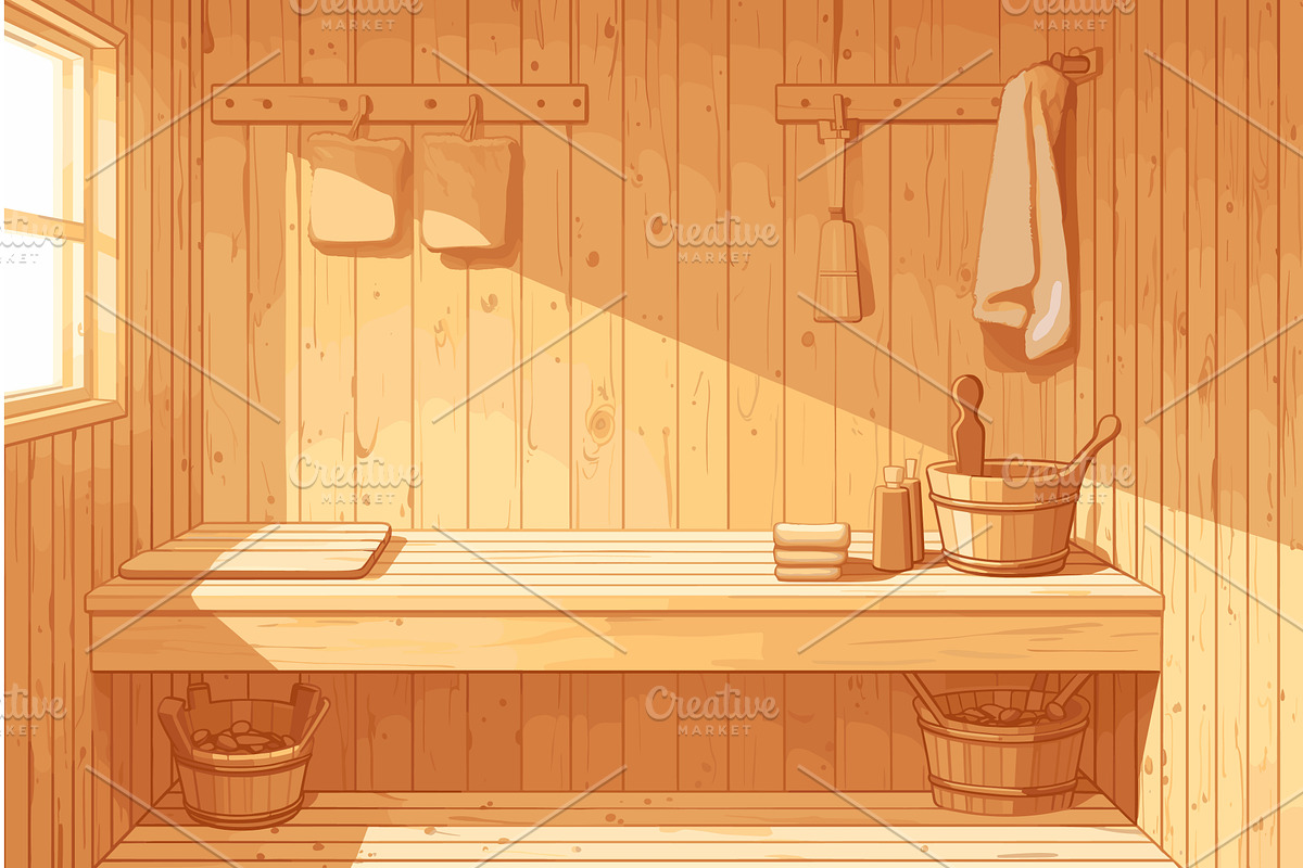 Cartoon wooden sauna interior with, an Object Illustration by LadadikArt
