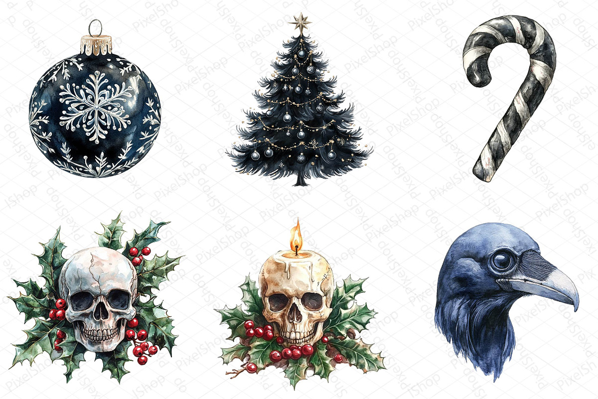 Watercolor Gothic Christmas Clipart, an Illustration by DreamPrint404 (Photo 7 of 7)