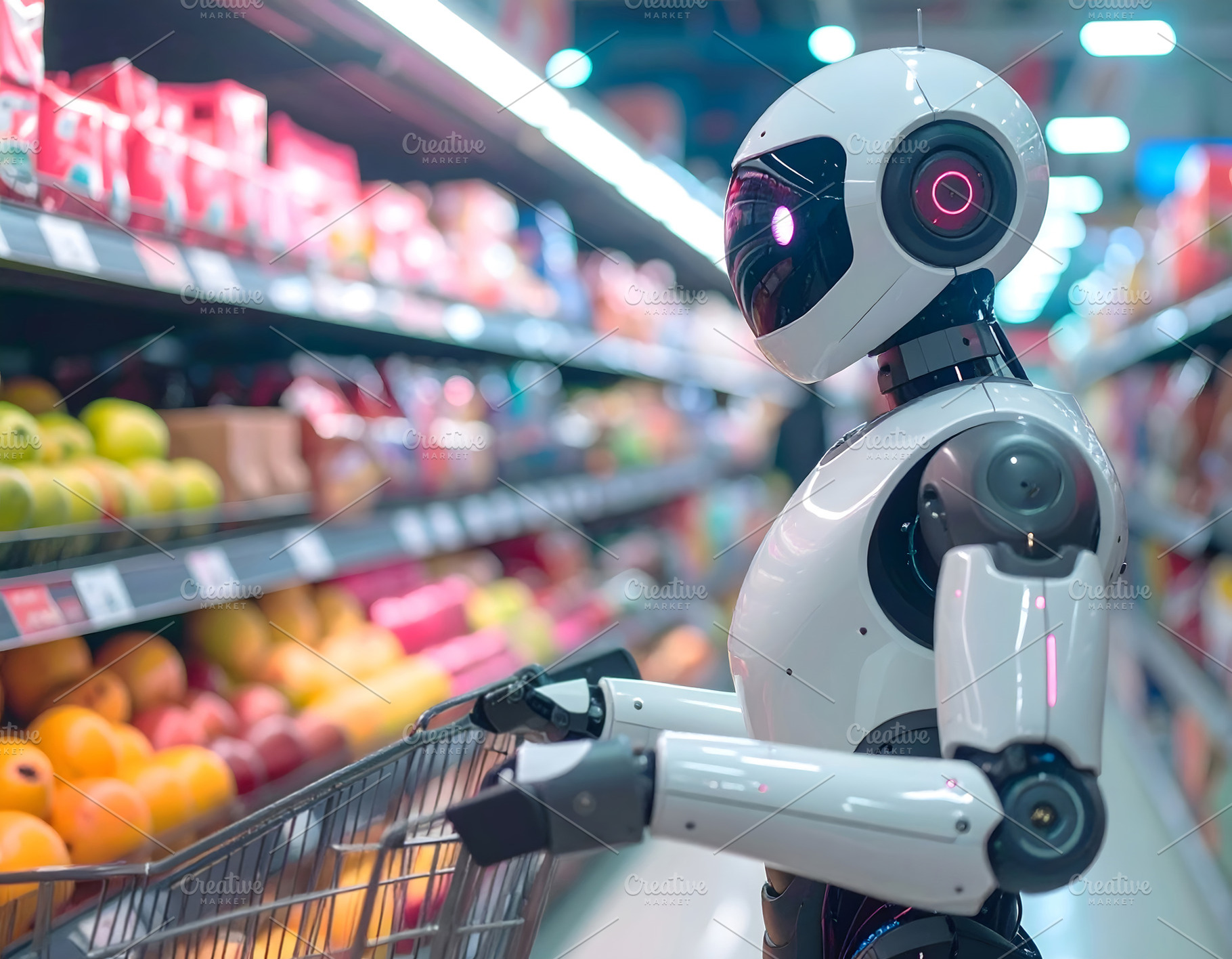 Humanoid android robot shopping with cart in futuristic supermar, an Industrial Photo by GoodGoods