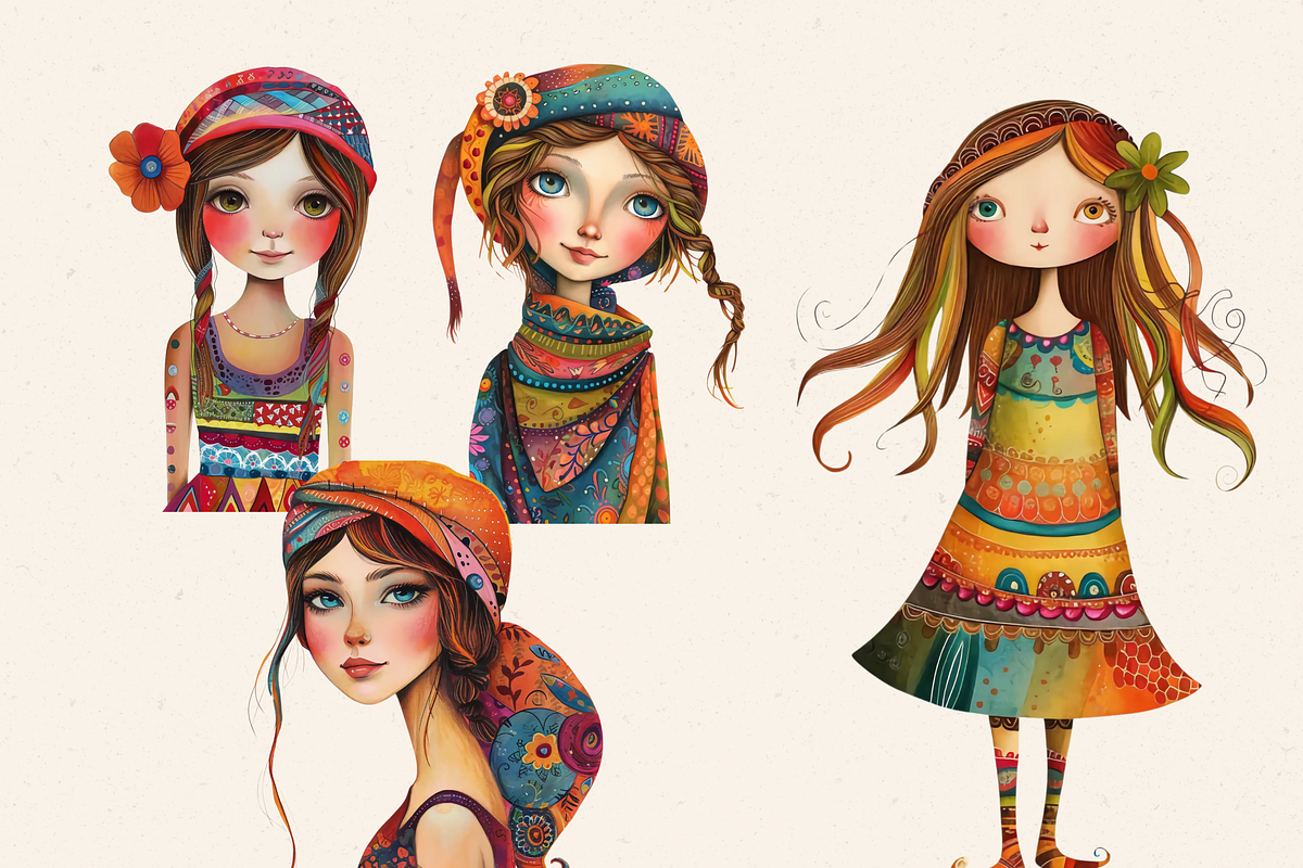QUIRKY FOLK GIRLS CLIPART SET, a Person Illustration by Daring Digies (Photo 4 of 7)
