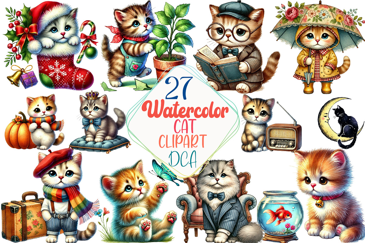 Watercolor Cat Sublimation Clipart, an Illustration by DreamCafeArt (Photo 1 of 5)