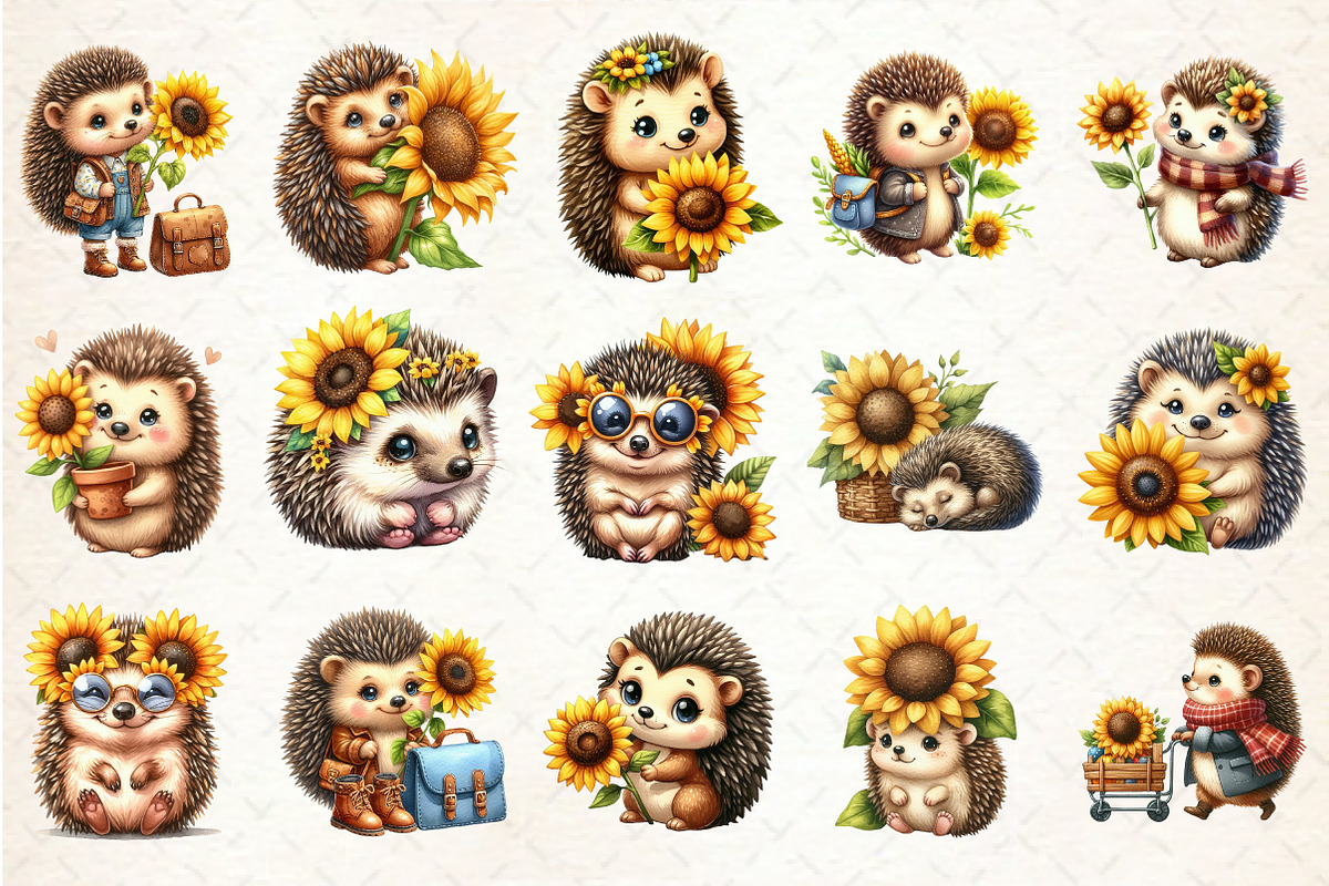 Cute Hedgehog & Sunflower Clipart, an Illustration by Rose Art (Photo 2 of 7)