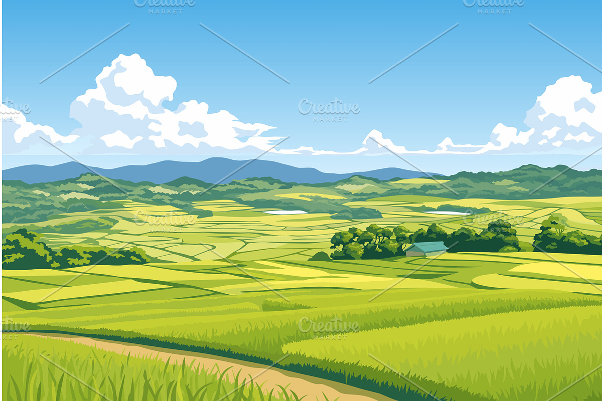 Cartoon rice fields in the middle of, an Illustration by LadadikArt