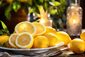 Fresh lemons with green leaves in plate, a Food & Drink Photo by AlyaAnd