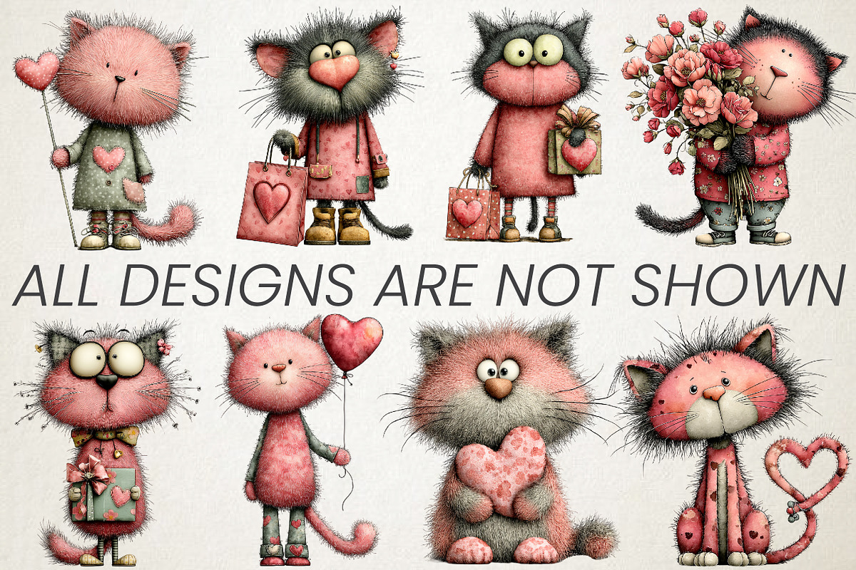 Whimsical Valentine Cats Clipart Set, an Animal Illustration by RobertsArt (Photo 3 of 6)