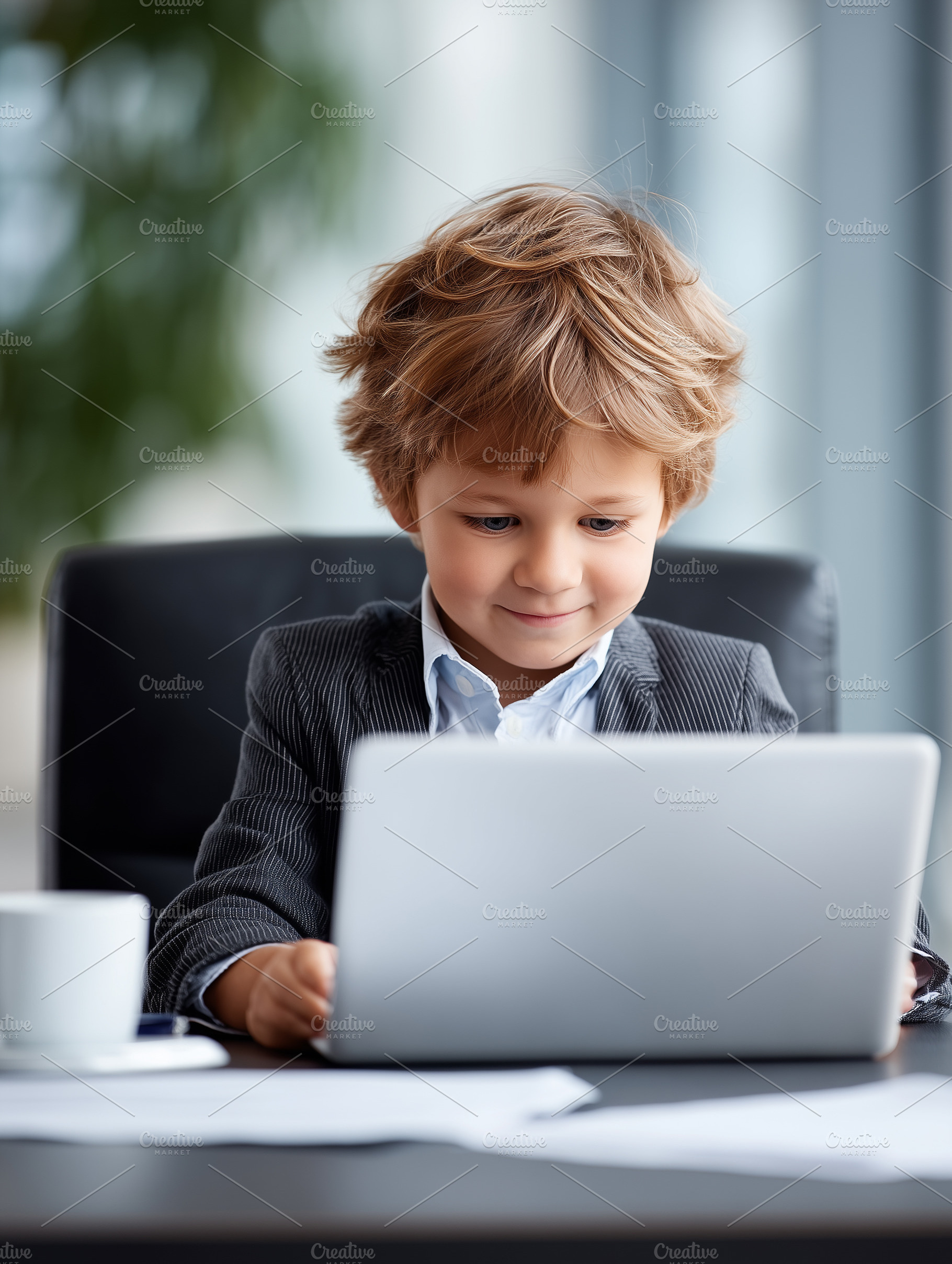 Adorable young boy in a suit using, a Business Photo by MistyDay