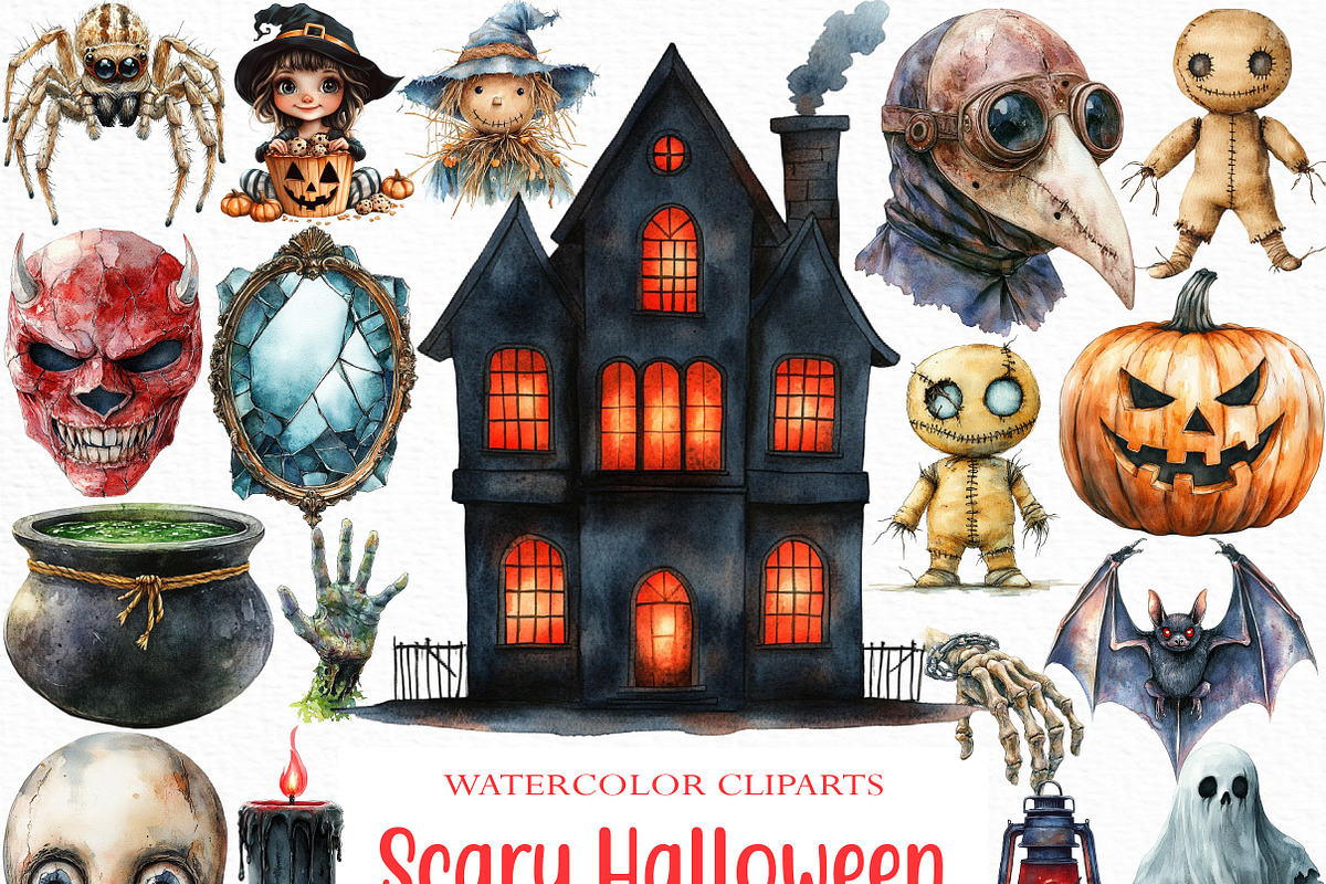 Watercolor Scary Halloween Clipart, an Illustration by Craft Nest (Photo 1 of 6)