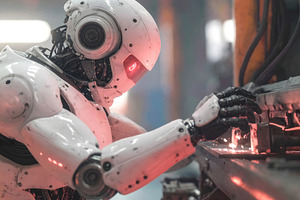 Industrial robot welding with sparks inside modern factory, a Technology Photo by GoodGoods