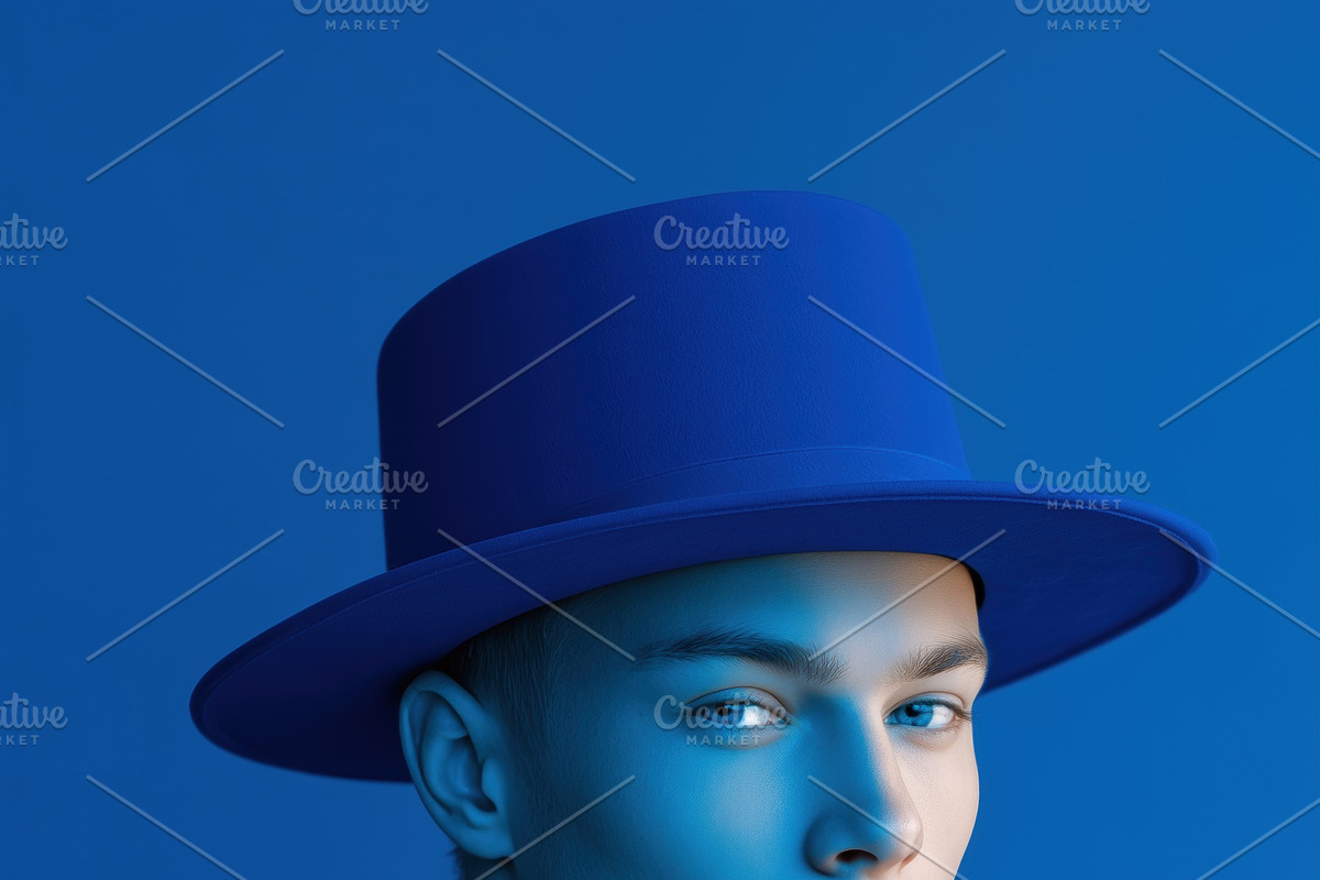 A young man with a striking blue hat mockup against a blue background, showcasi, a Hat Mockup by Textures & Backgrounds