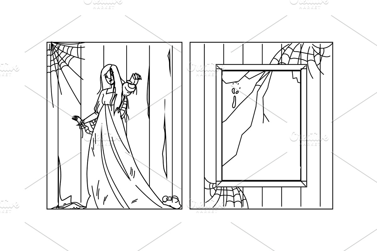 creepy haunted house woman vector, a Person Illustration by pikepicture