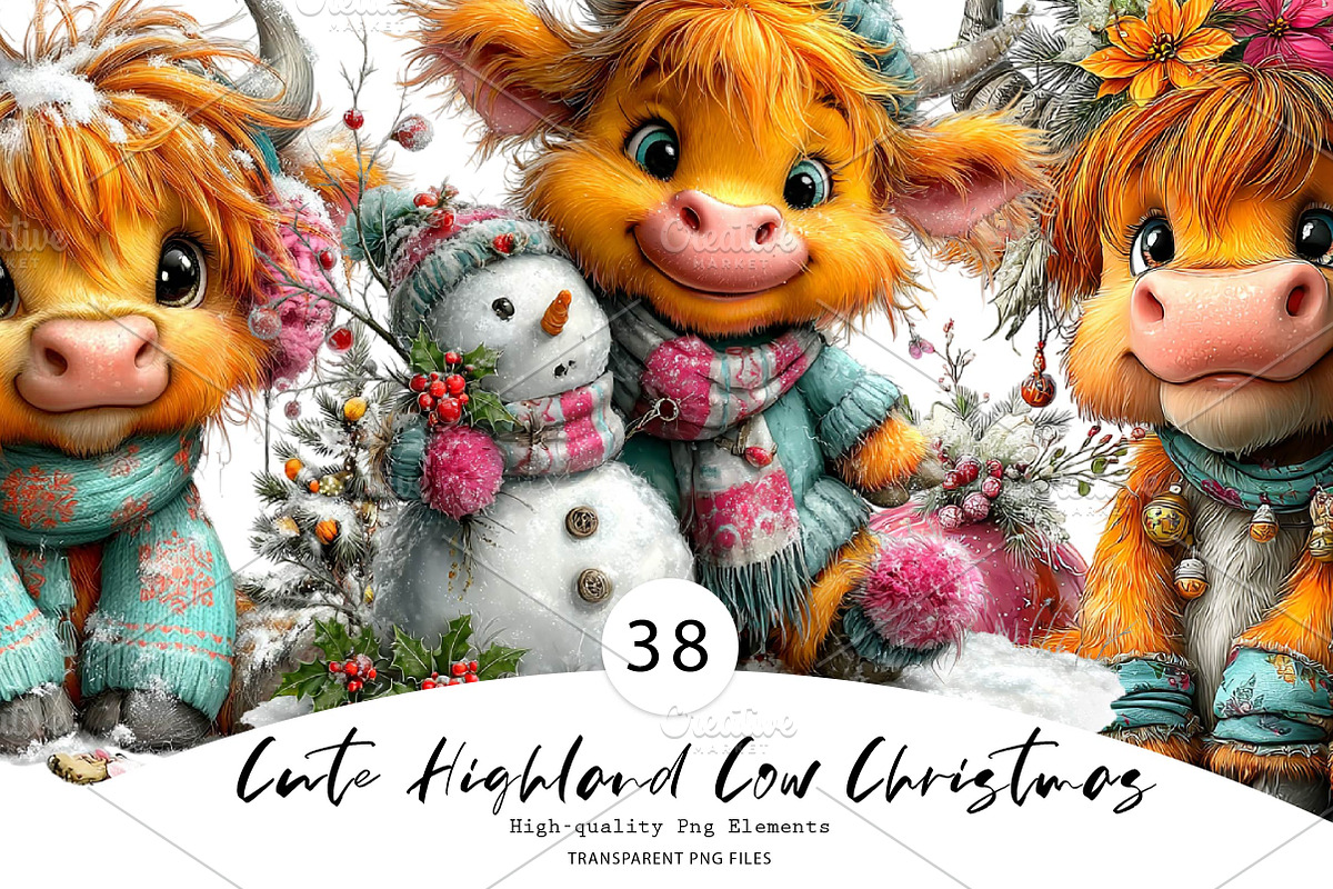 Cute Highland Cow Christmas clipart, a Seasonal Illustration by CreationArt (Photo 1 of 7)