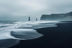 Waves crashing on black sand in mist, a Nature Photo by MistyDay