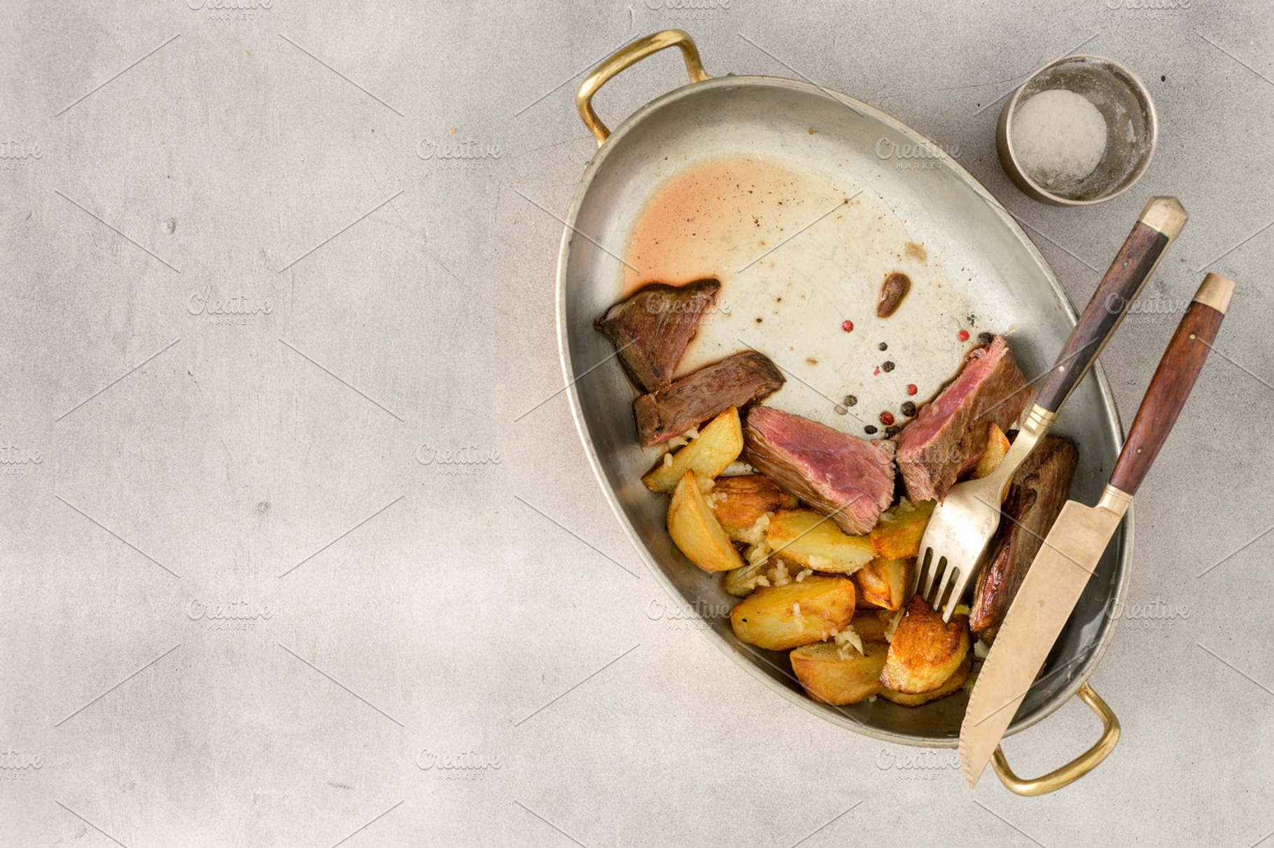 Beef steak with fried potatoes featuring steak, roasted, and roast, a Food & Drink Photo by KucherPhoto