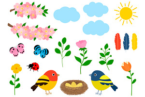 Spring Vector. Spring Flowers. Birds