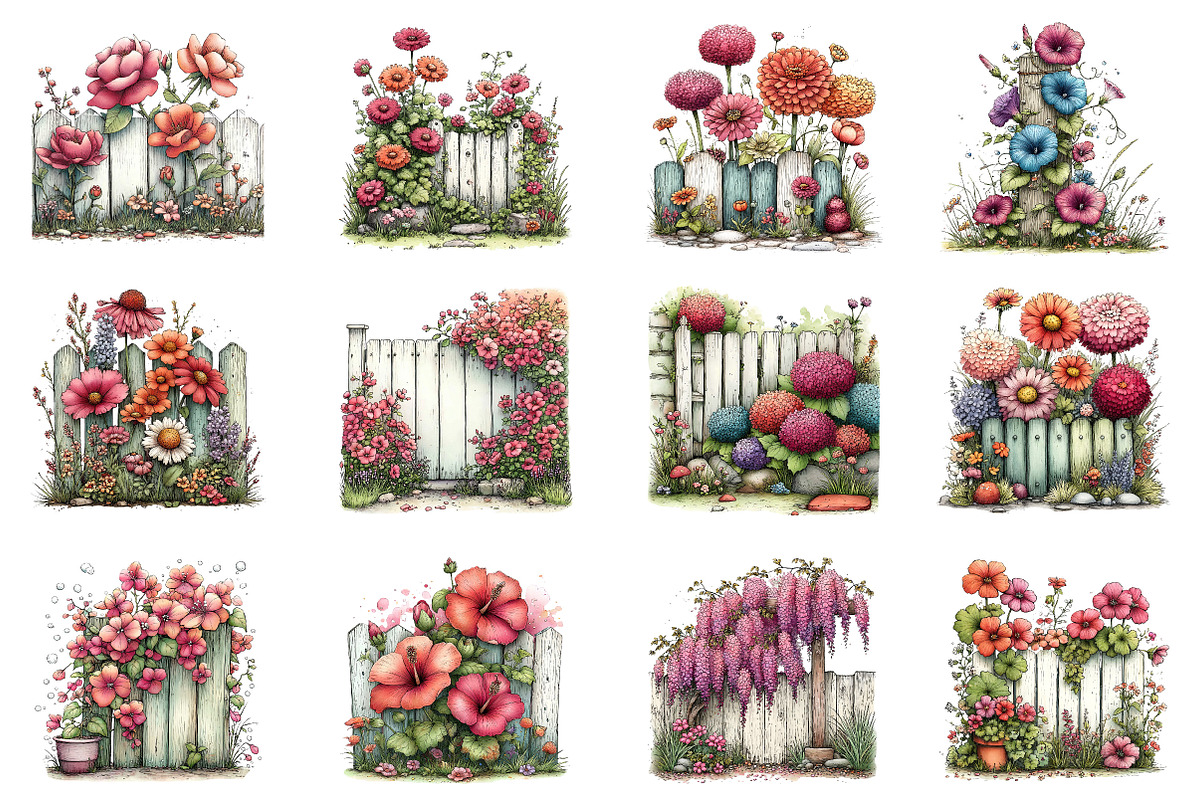 Watercolor Fence Flowers Clipart, an Illustration by Dream Creation (Photo 3 of 5)