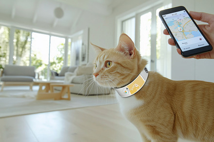 Cat wearing GPS collar in modern liv
