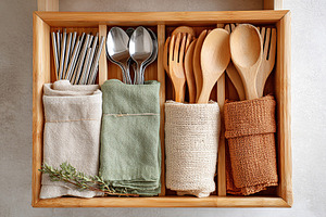 Organized kitchen drawer with metal utensils and wooden cooking tools in a home, a Food & Drink Photo by AlyaAnd