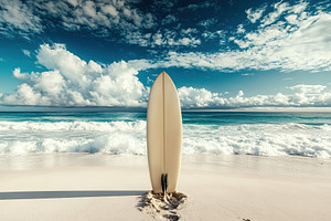 Surfboard anchored in soft white sand on a sunny beach with gentle waves undern, an Arts & Entertainment Photo by AlyaAnd