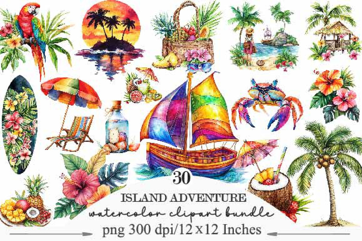 Watercolor Island Adventure Clipart, an Illustration by Designking (Photo 1 of 5)