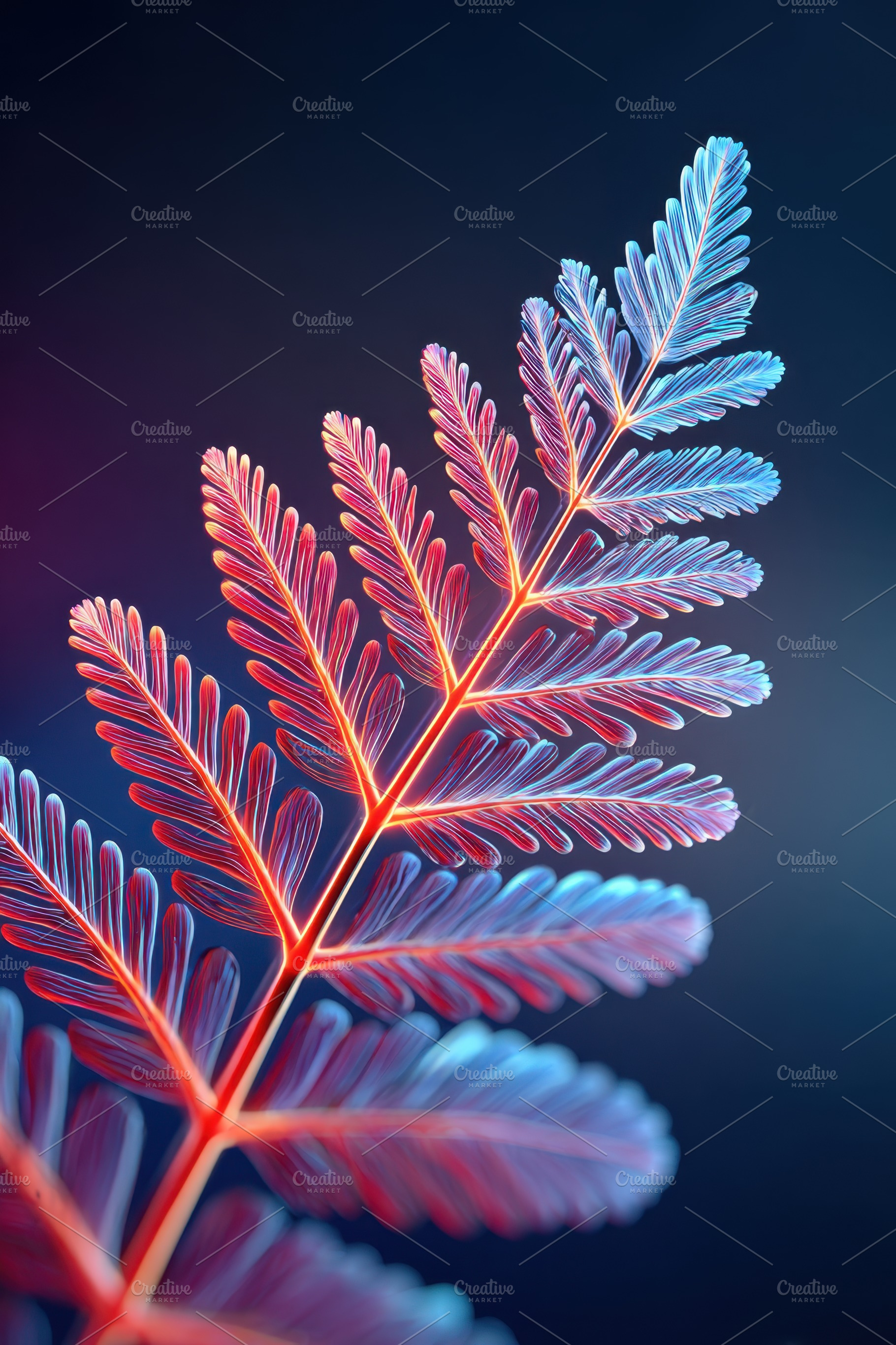 Vibrant fern leaf close-up in pink and blue, an Abstract Photo by AlyaAnd