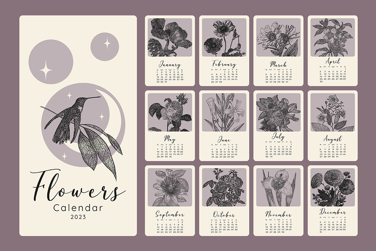Calendar with monochrome flowers, a Stationery Template by NatalyN (Photo 1 of 13)