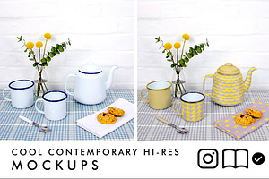 Enamel teapot and mugs mockup