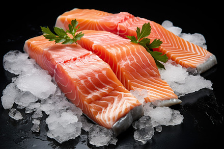 Fresh salmon fillet with ice on black background, a Food & Drink Photo by AlyaAnd