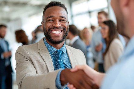 Business professionals concluding negotiations with a confident handshake in a, a Person Photo by AlyaAnd