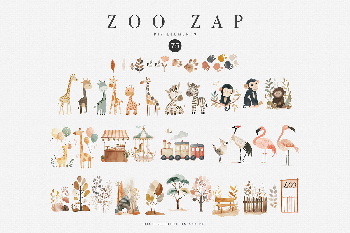 watercolor zoo animal clipart bundle, an Animal Illustration by Pink Studio Art (Photo 7 of 9)
