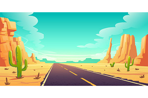 Desert Landscape With Road, Cactuses