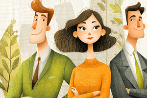 Three colleagues standing confidently in an eco-friendly urban environment, an Illustration by AS photostudio