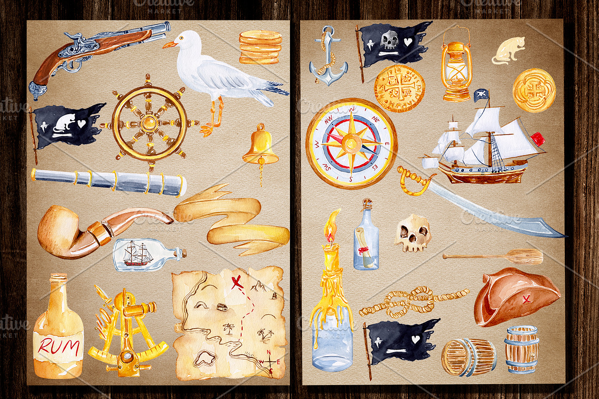 Pirate Watercolor Clipart Bundle PNG, a Decorative Illustration by Olexandra Mur (Photo 2 of 3)
