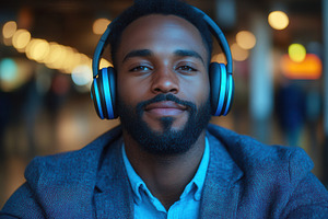Young man enjoys music while relaxin, a Photo by Tanuart