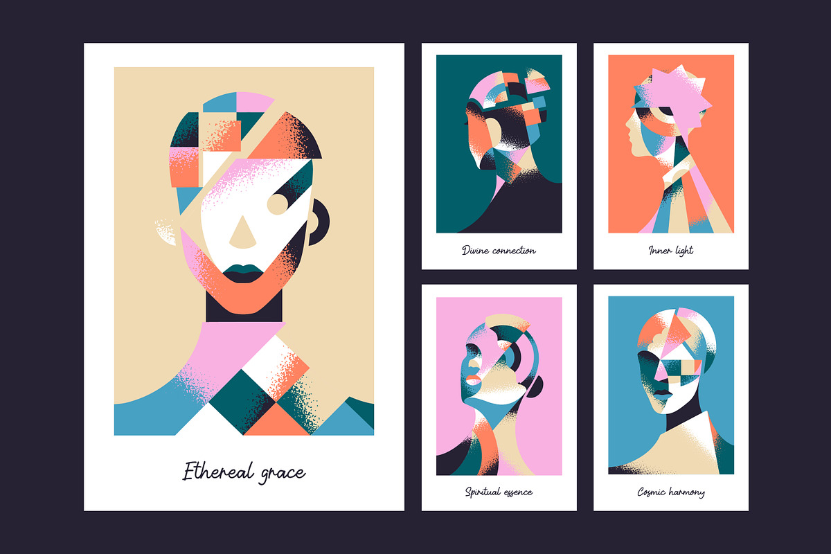 Abstract female portraits cards set, a Decorative Illustration by PaperTrident (Photo 1 of 3)