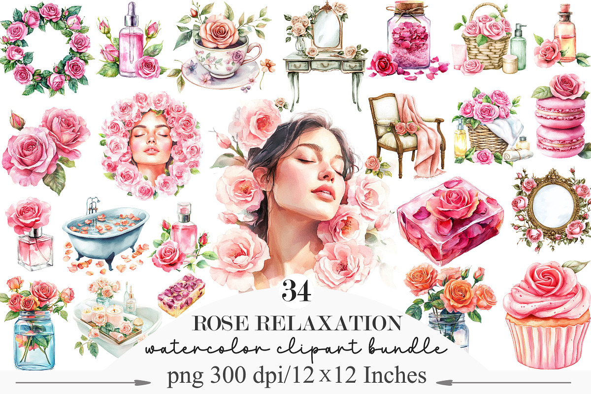 Watercolor Rose Relaxation Clipart, an Illustration by Designking (Photo 1 of 5)