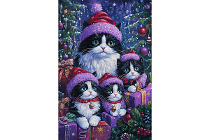 Red Purple Hat Cats Holiday Art, an Animal Illustration by Art Paradise Studios
